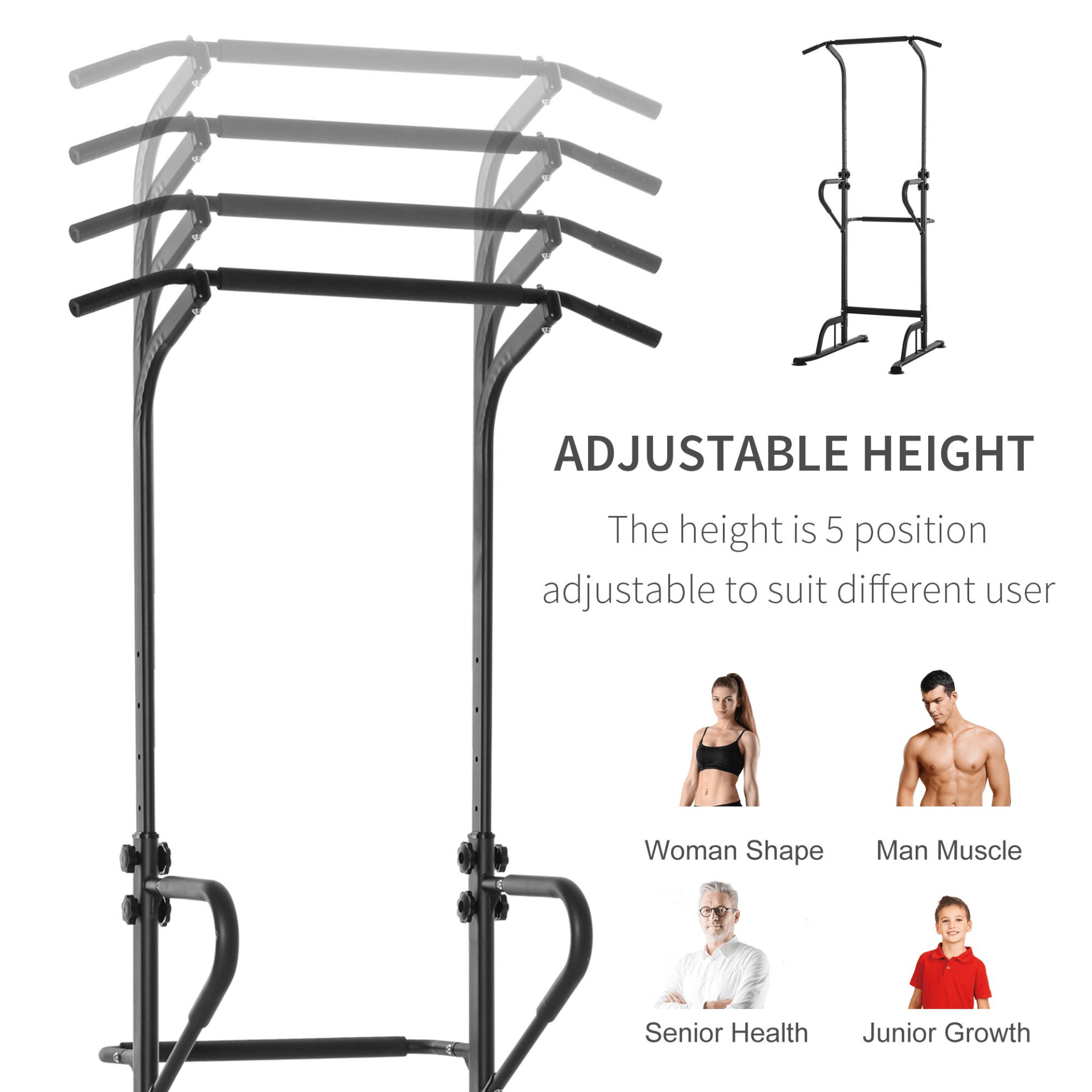 Power Tower Dip Station – Adjustable Height Multi-Gym, Enhance your home gym with the Power Tower Dip Station. Perform pull-ups, push-ups, and more. Adjustable height for custom workouts. Ideal for strength training