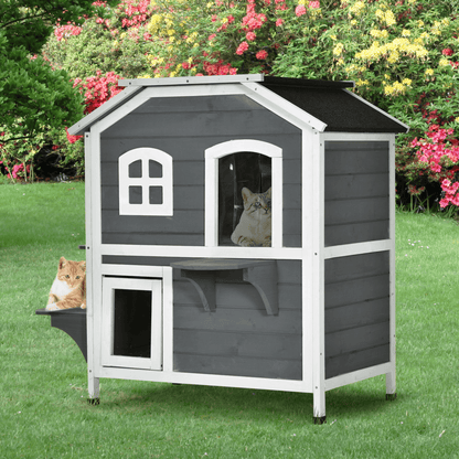 PawHut Wooden Cat House Villa - 2-Floor Outdoor Shelter, Give your cat a stylish home with PawHut's 2-floor wooden villa, perfect for indoor or outdoor relaxation and play.