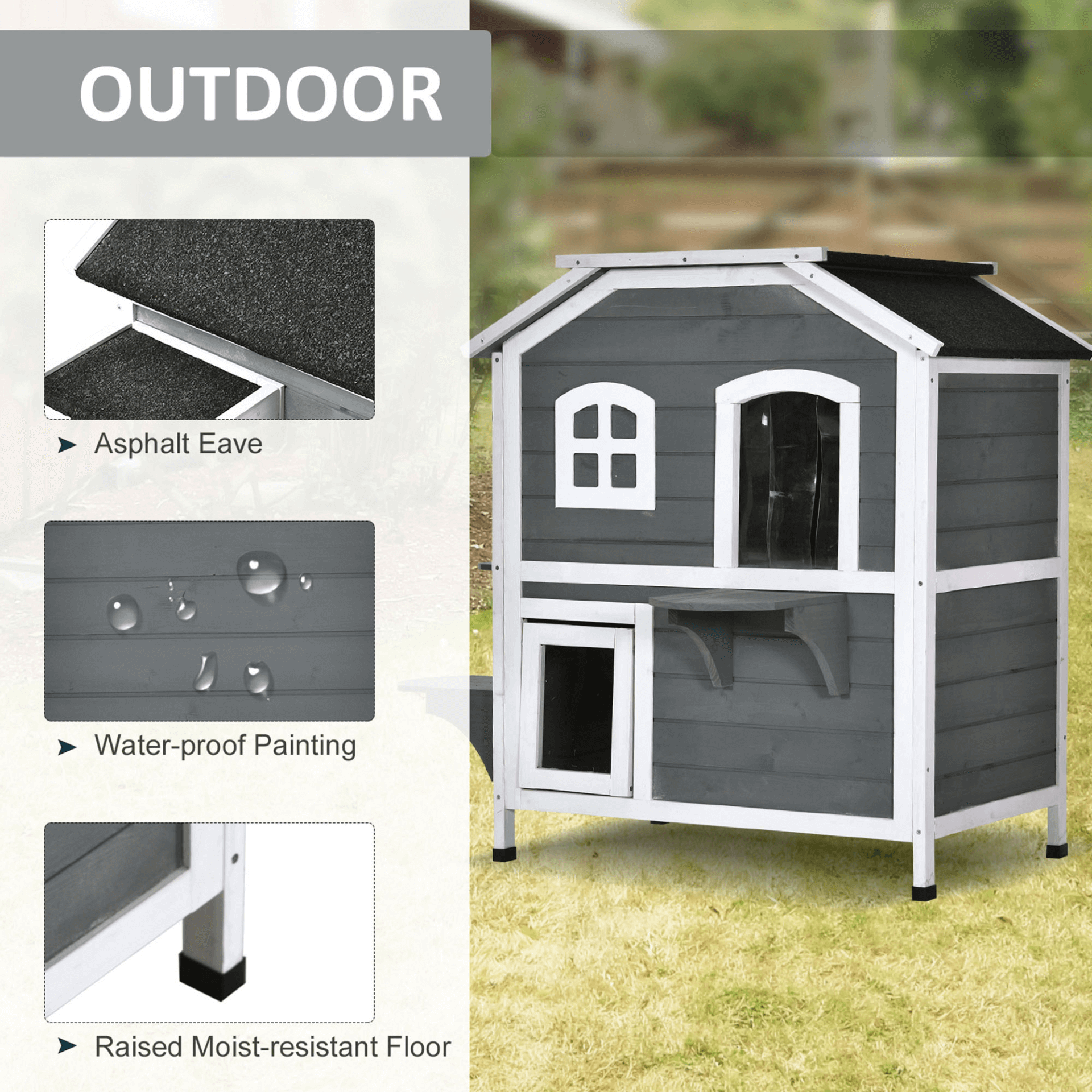 PawHut Wooden Cat House Villa - 2-Floor Outdoor Shelter, Give your cat a stylish home with PawHut's 2-floor wooden villa, perfect for indoor or outdoor relaxation and play.