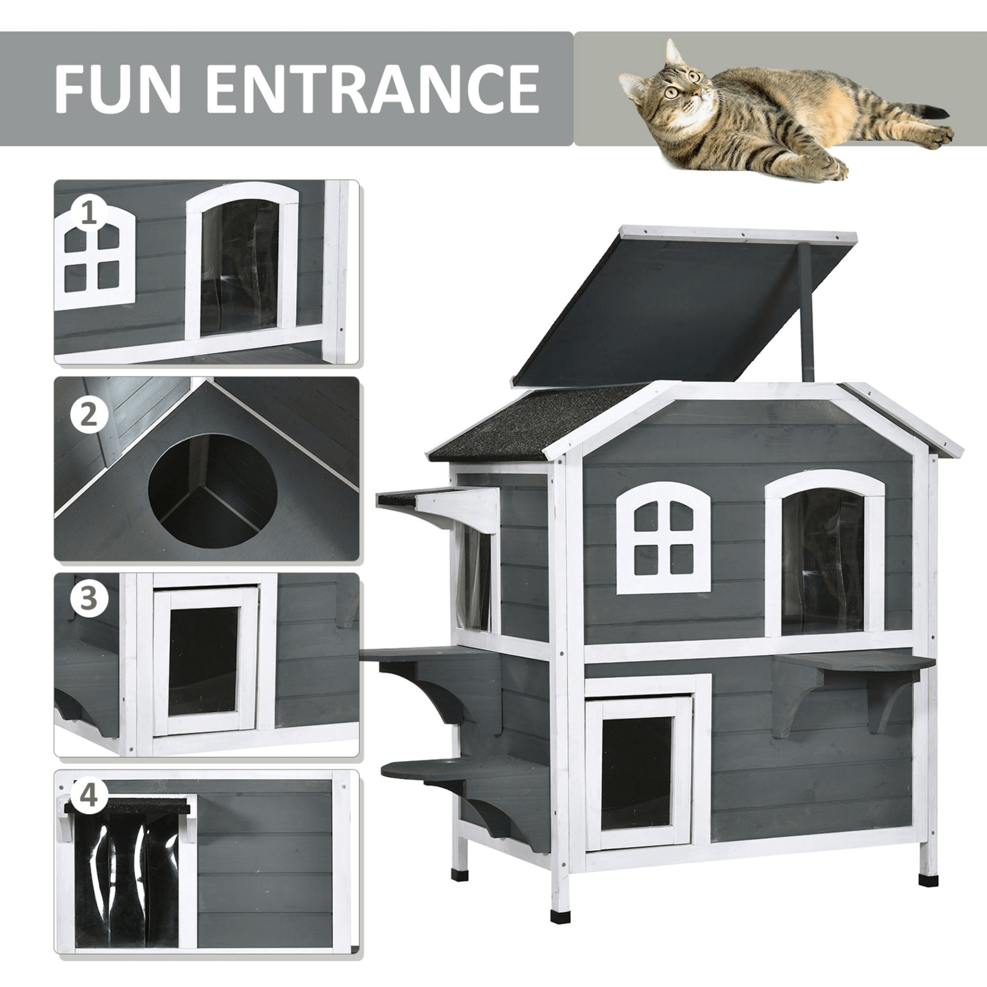 PawHut Wooden Cat House Villa - 2-Floor Outdoor Shelter, Give your cat a stylish home with PawHut's 2-floor wooden villa, perfect for indoor or outdoor relaxation and play.