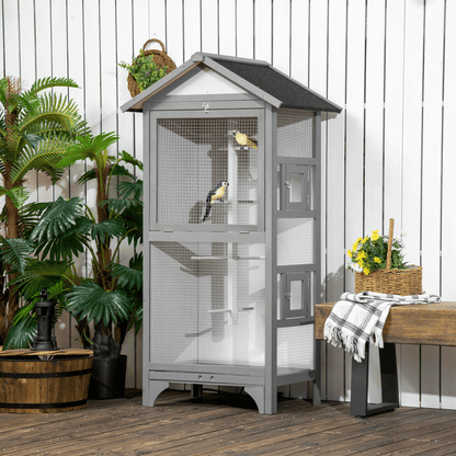 PawHut Wooden Bird Aviary for Finch & Canary - Grey, Spacious, weather-resistant bird cage for outdoor use, perfect for finches and canaries. Easy to clean and blends seamlessly in any garden.