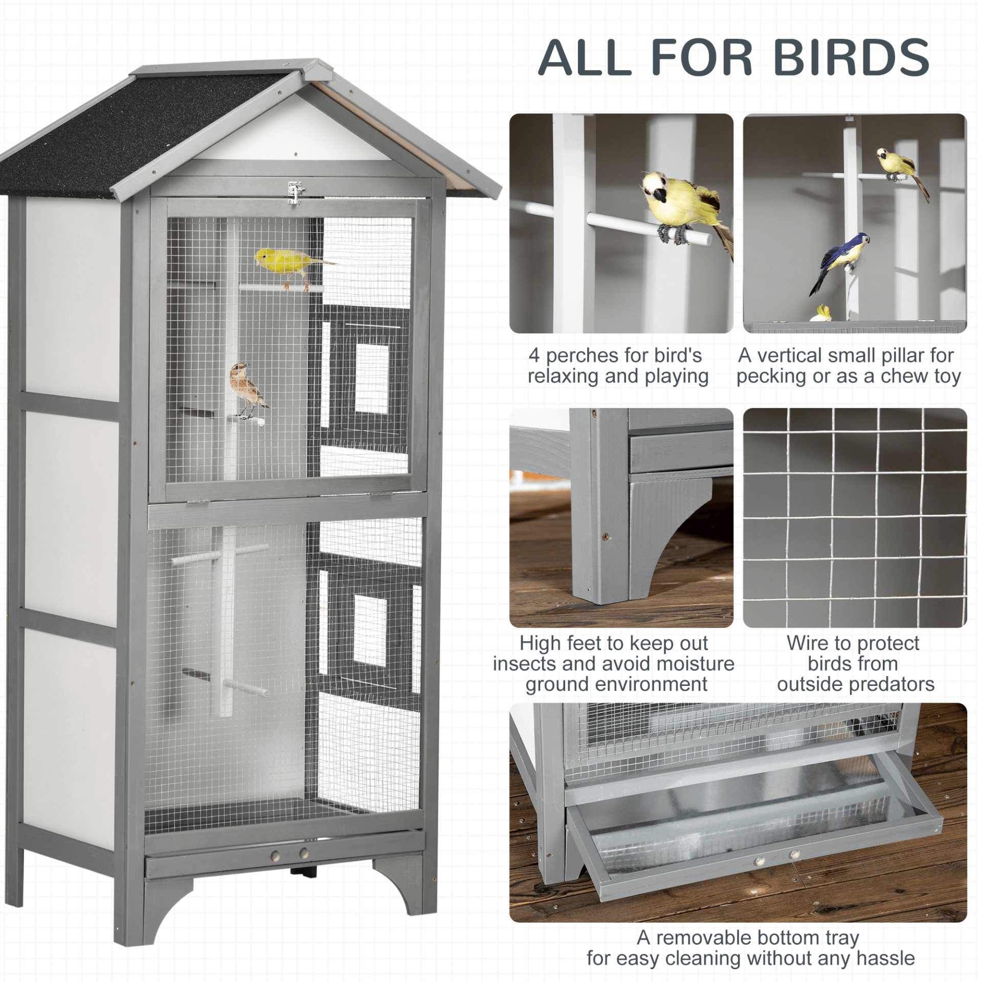 PawHut Wooden Bird Aviary for Finch & Canary - Grey, Spacious, weather-resistant bird cage for outdoor use, perfect for finches and canaries. Easy to clean and blends seamlessly in any garden.