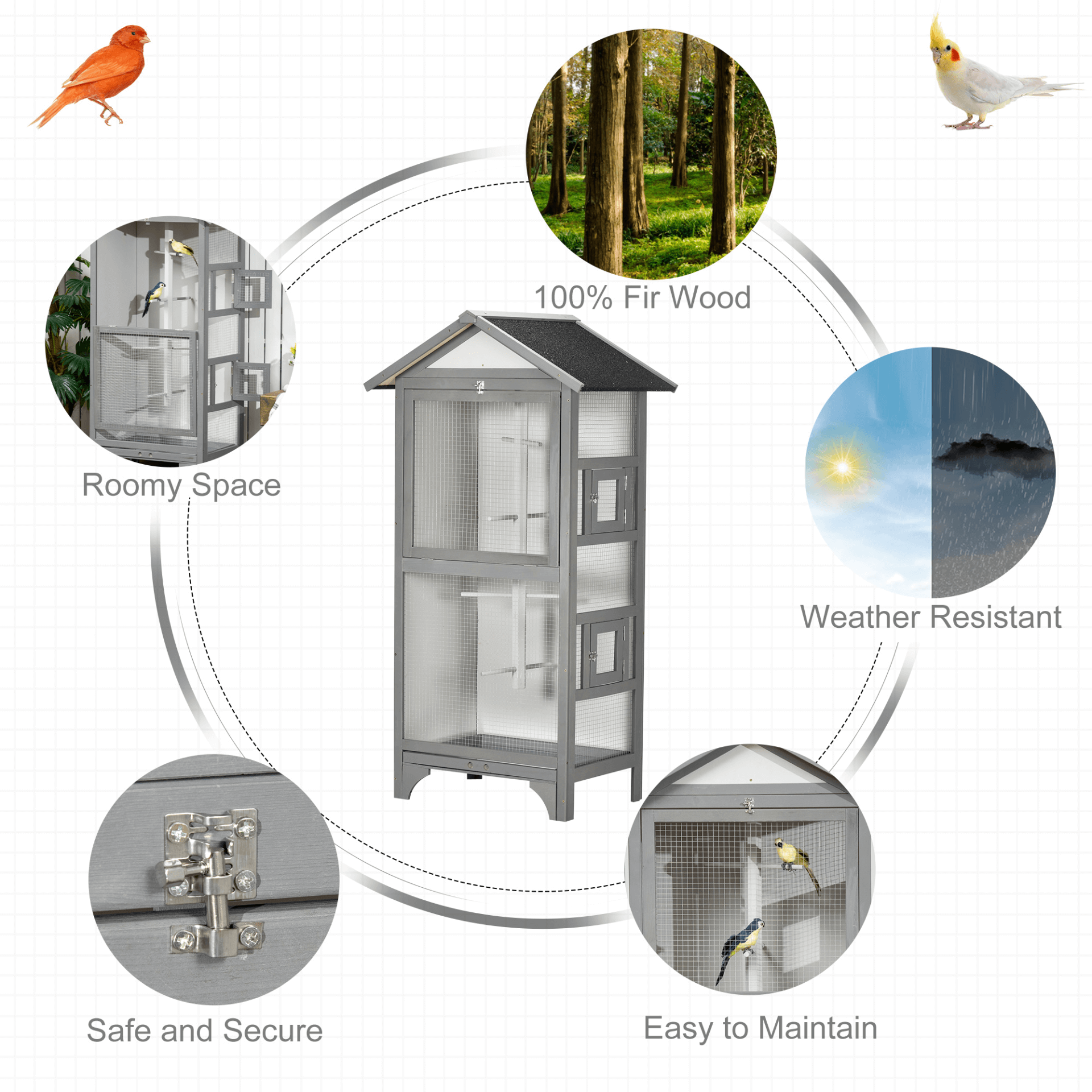 PawHut Wooden Bird Aviary for Finch & Canary - Grey, Spacious, weather-resistant bird cage for outdoor use, perfect for finches and canaries. Easy to clean and blends seamlessly in any garden.