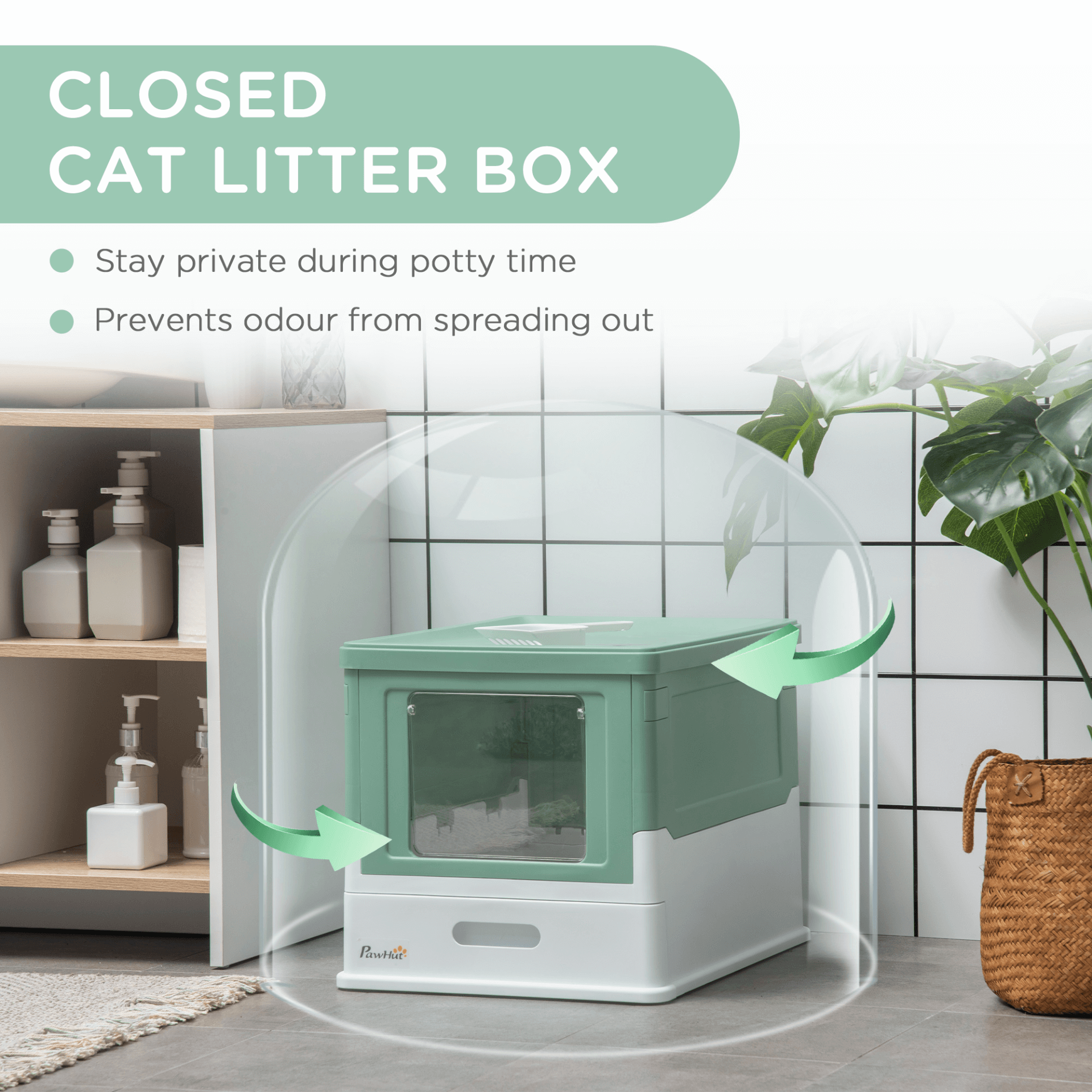 PawHut Hooded Cat Litter Box - Green, Enclosed & Portable, Ensure your cat's comfort with PawHut's hooded litter box, designed for privacy and effective odor control. Perfect for any pet owner.