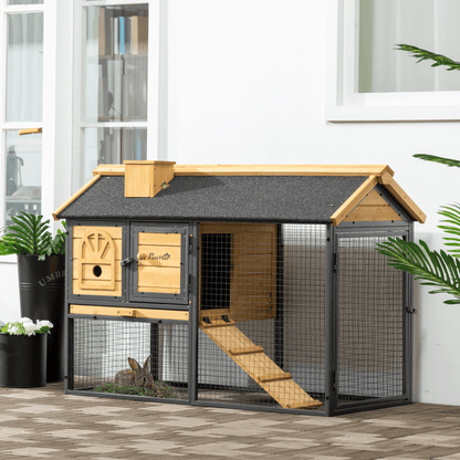 PawHut Outdoor Rabbit Hutch & Run - Secure Bunny Cage, Spacious two-tier hutch for rabbits & guinea pigs with a removable tray and non-slip ramp. Easy maintenance and secure design for your pets.