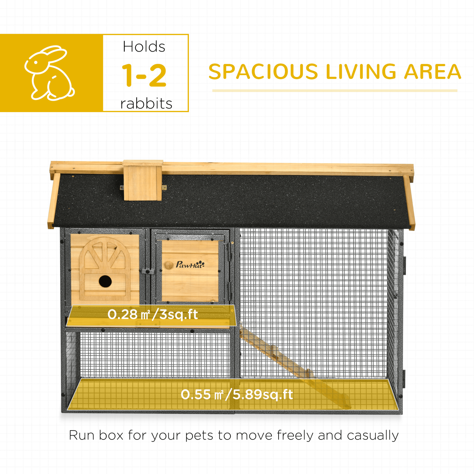 PawHut Outdoor Rabbit Hutch & Run - Secure Bunny Cage, Spacious two-tier hutch for rabbits & guinea pigs with a removable tray and non-slip ramp. Easy maintenance and secure design for your pets.