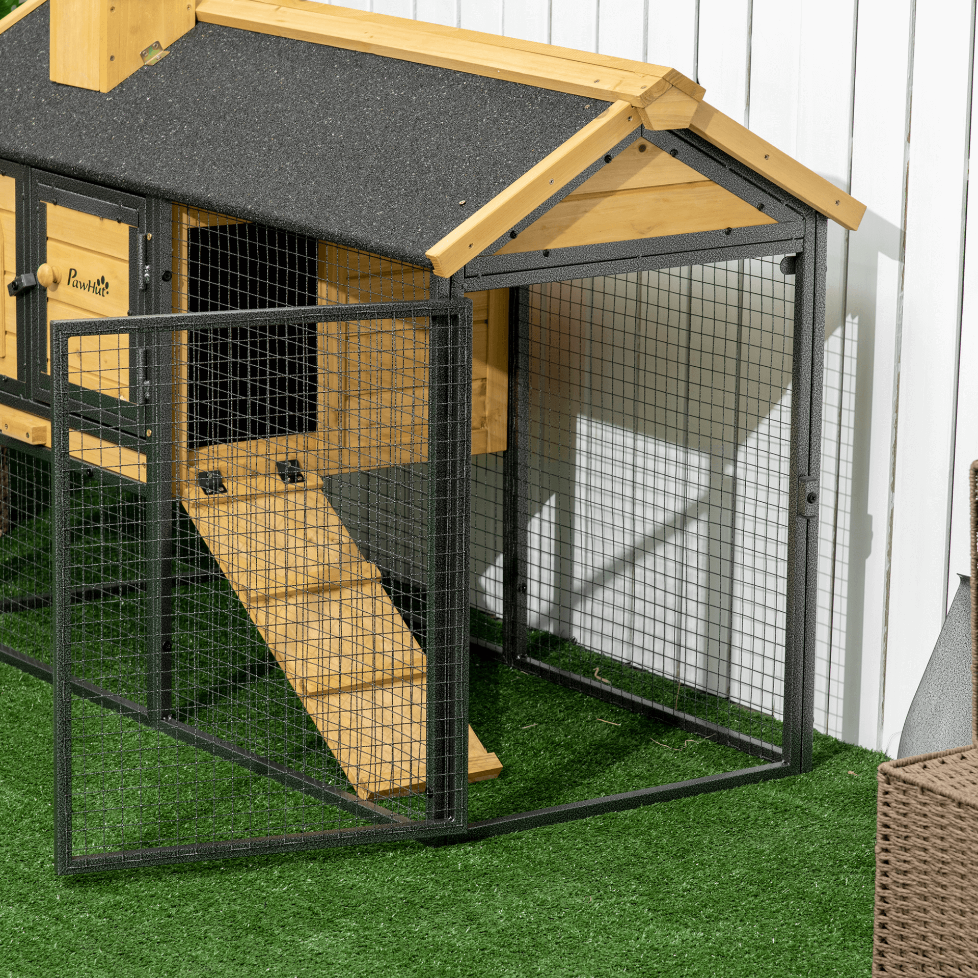 PawHut Outdoor Rabbit Hutch & Run - Secure Bunny Cage, Spacious two-tier hutch for rabbits & guinea pigs with a removable tray and non-slip ramp. Easy maintenance and secure design for your pets.