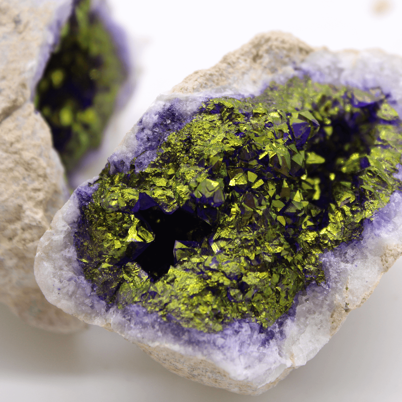 Stunning Coloured Calcite Geodes - Home & Office Decor, Discover our uniquely formed purple and gold Calcite Geodes. Perfect for transforming any space with natural beauty and vibrant crystals.