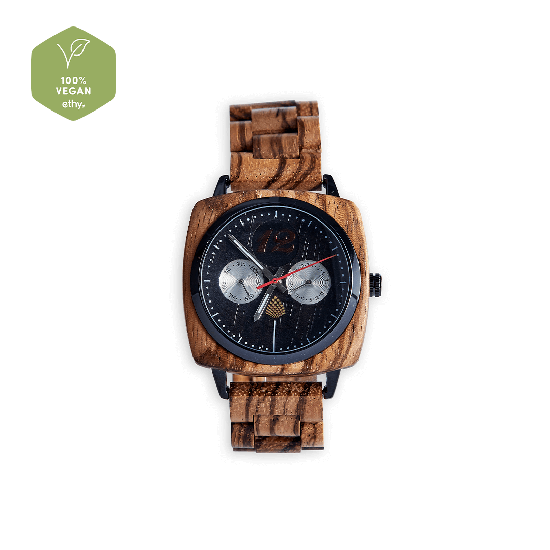 Oak Watch: Eco-Friendly Zebrawood & Quartz Timepiece, Discover the Oak Watch, handcrafted from recycled Zebrawood with a sleek Japanese Quartz movement. A unique, stylish accessory for any occasion.