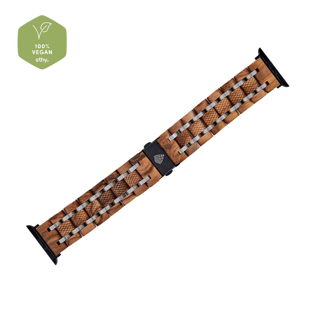 Sustainable Olive Apple Watch Strap - Wooden Band, Upgrade your Apple Watch with the sustainable Olive Strap, made from recycled zebrawood and stainless steel. Stylish & eco-friendly!