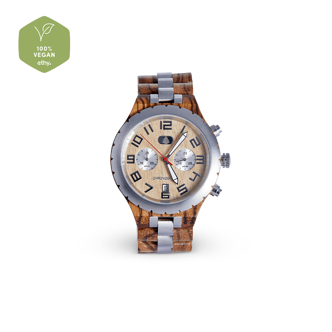 Premium Eco-Friendly Sandalwood Wood Watch for Men, Discover stylish durability with The Sandalwood, a handmade, eco-friendly chronograph watch crafted from recycled Zebrawood.