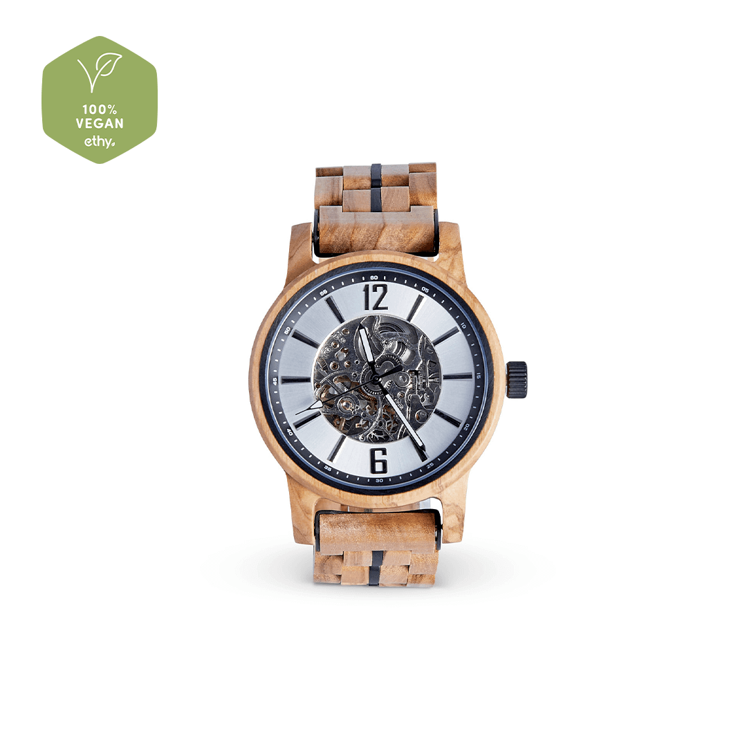 The Sycamore: Handmade Olive Wood Watch for Men, Experience elegance with The Sycamore Wood Watch for Men. Handmade from olive wood, featuring exposed mechanics, and a stylish grey watch face.