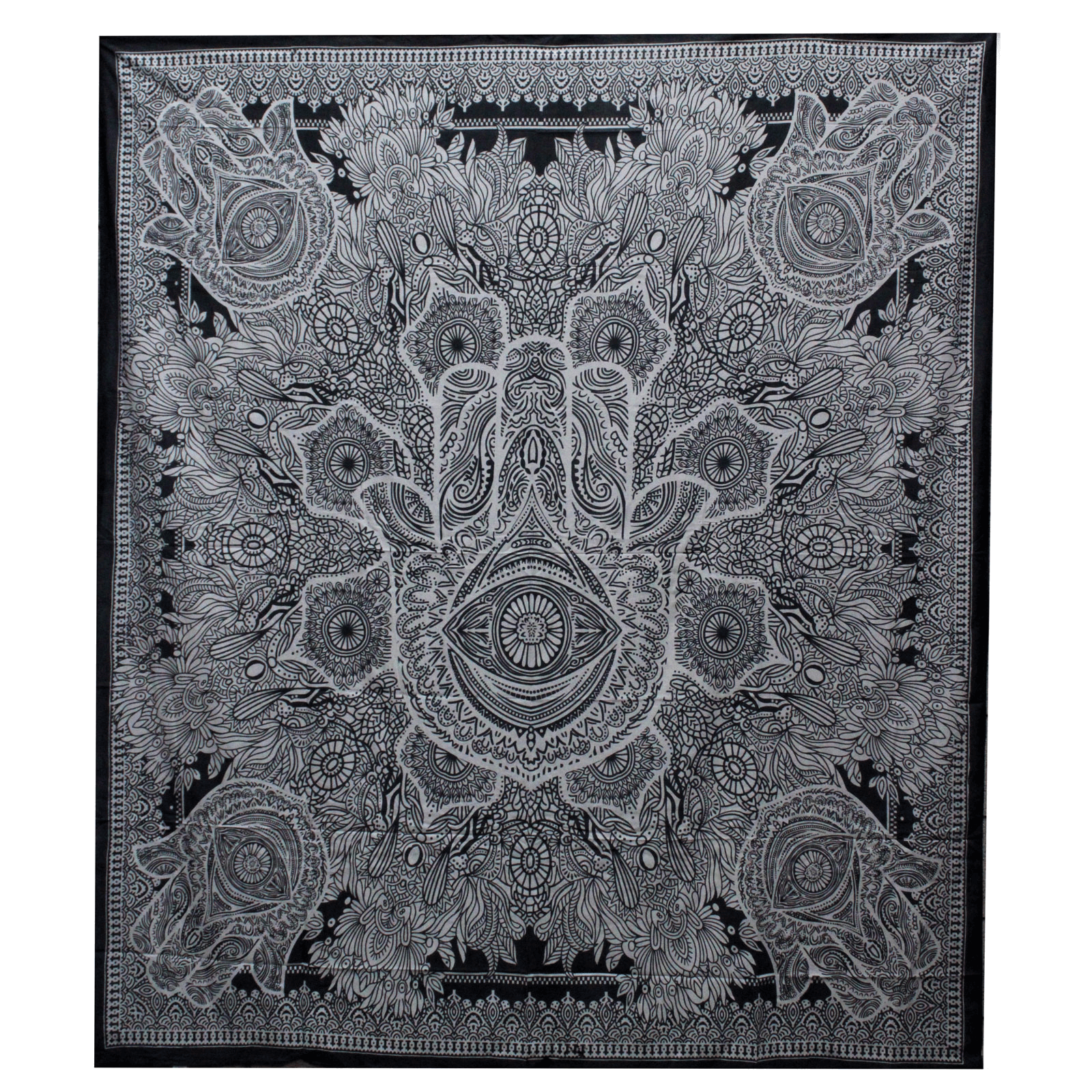 Handcrafted B&W Cotton Bedspread & Wall Hanging, Elevate your home decor with our 100% cotton, handcrafted Hamsa design bedspread. Made in India, this versatile piece doubles as an elegant wall hanging.