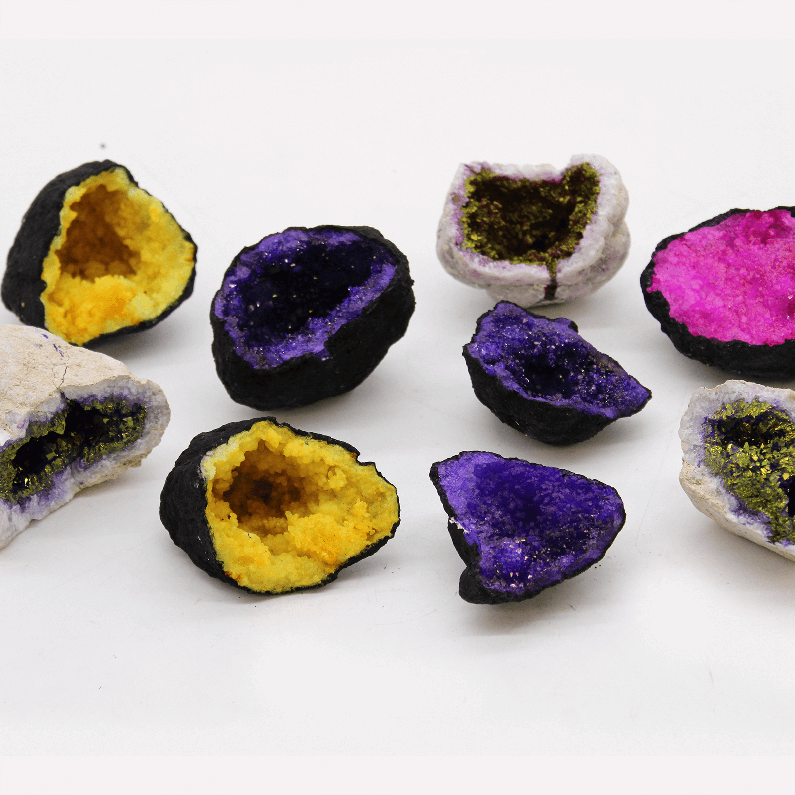 Stunning Coloured Calcite Geodes - Home & Office Decor, Discover our uniquely formed purple and gold Calcite Geodes. Perfect for transforming any space with natural beauty and vibrant crystals.