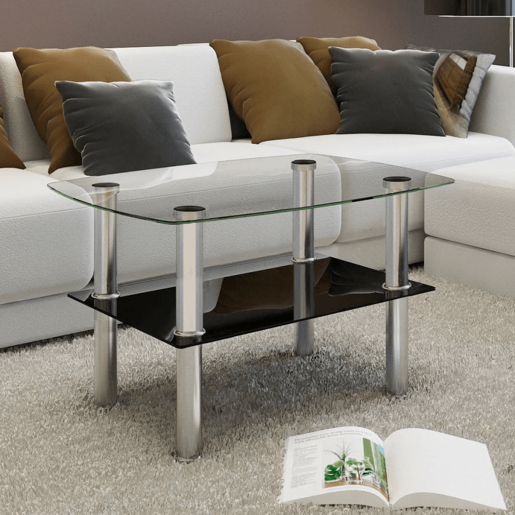 Modern Coffee Table - 2-Tier Glass & Steel, Elevate your space with this sleek 2-tier coffee table featuring tempered glass and stainless steel. Ideal for home or commercial use.