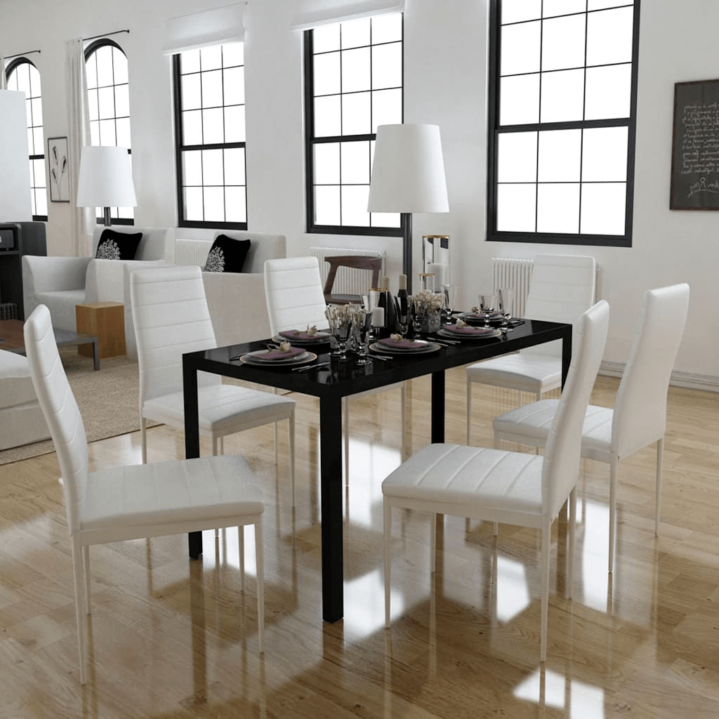 Sleek 7-Piece Dining Set - Black & White Elevate meals with our vidaXL 7 Piece Dining Set in black & white. Modern design & tempered glass top for stylish durability. Perfect for family & guests.