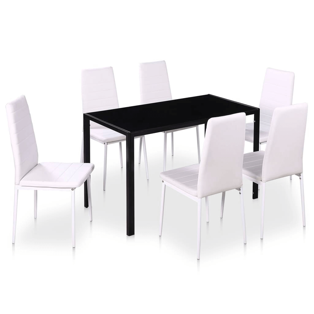 Sleek 7-Piece Dining Set - Black & White Elevate meals with our vidaXL 7 Piece Dining Set in black & white. Modern design & tempered glass top for stylish durability. Perfect for family & guests.