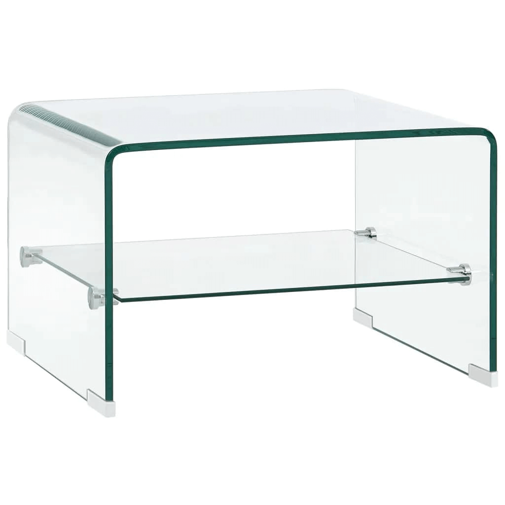 Clear Tempered Glass Coffee Table with Shelf, Elevate your modern living space with our clear tempered glass coffee table featuring a built-in shelf for enhanced strength and practical elegance.