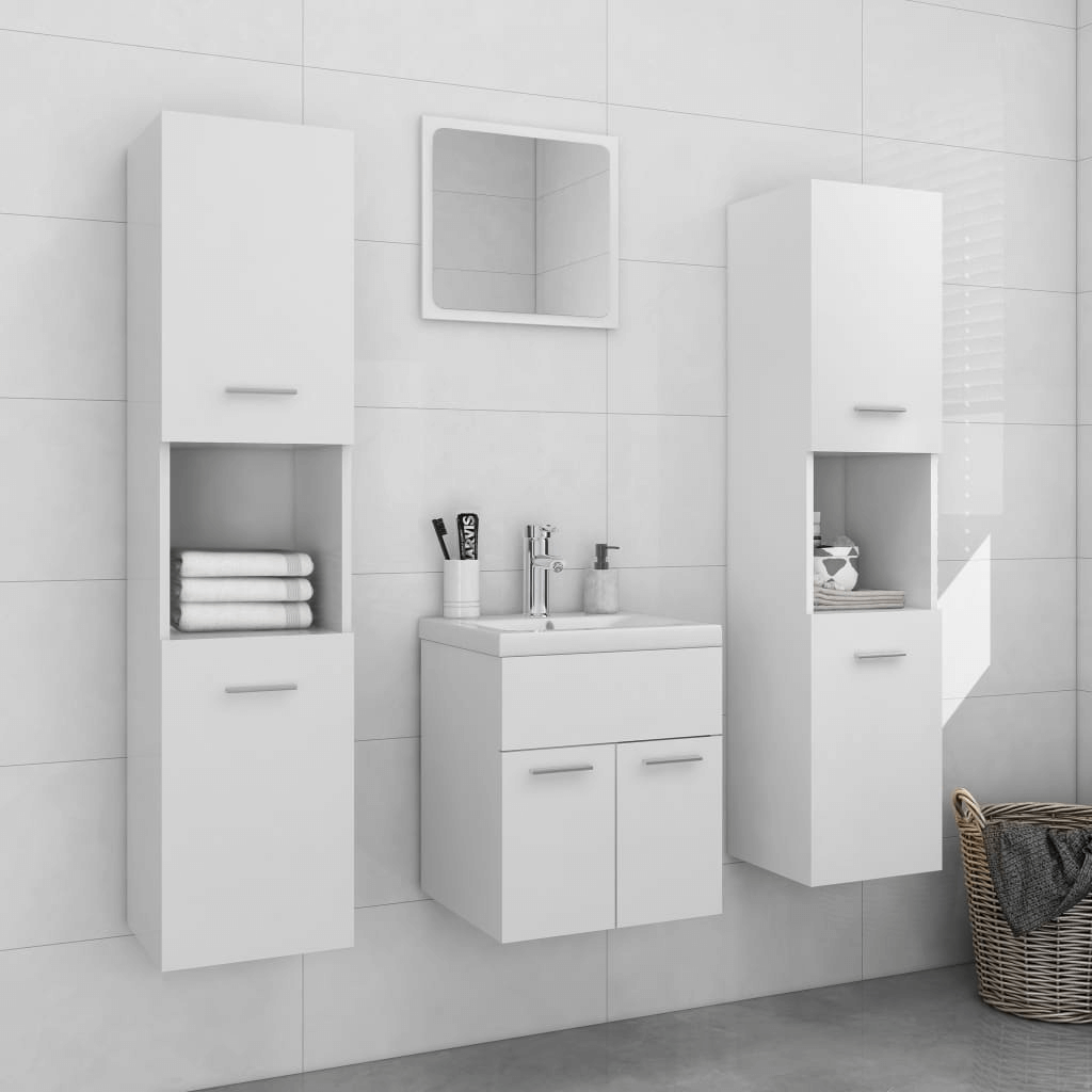 Modern Bathroom Furniture Set with Mirror - White Wood, Upgrade your bathroom with our modern white engineered wood furniture set. Ample storage and sleek design meet functionality and style.