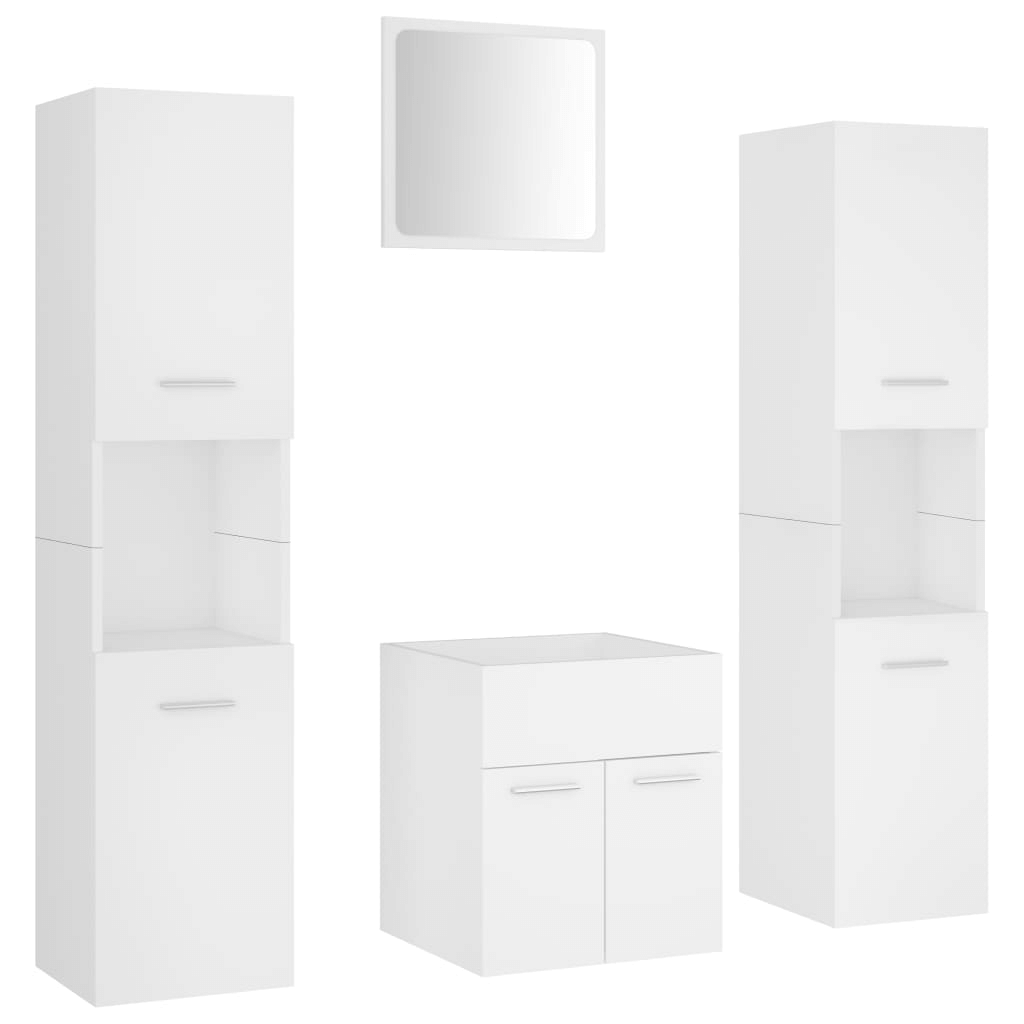 Modern Bathroom Furniture Set with Mirror - White Wood, Upgrade your bathroom with our modern white engineered wood furniture set. Ample storage and sleek design meet functionality and style.