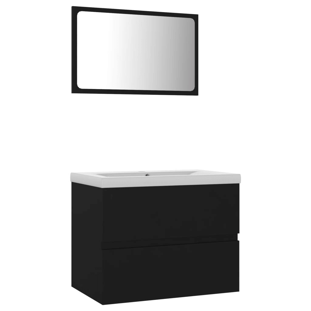 Modern Black Bathroom Set with Sink Cabinet and Mirror, Elevate your bathroom decor with our modern black engineered wood set, featuring a sink cabinet, built-in basin, and stylish mirror. Durable and chic!