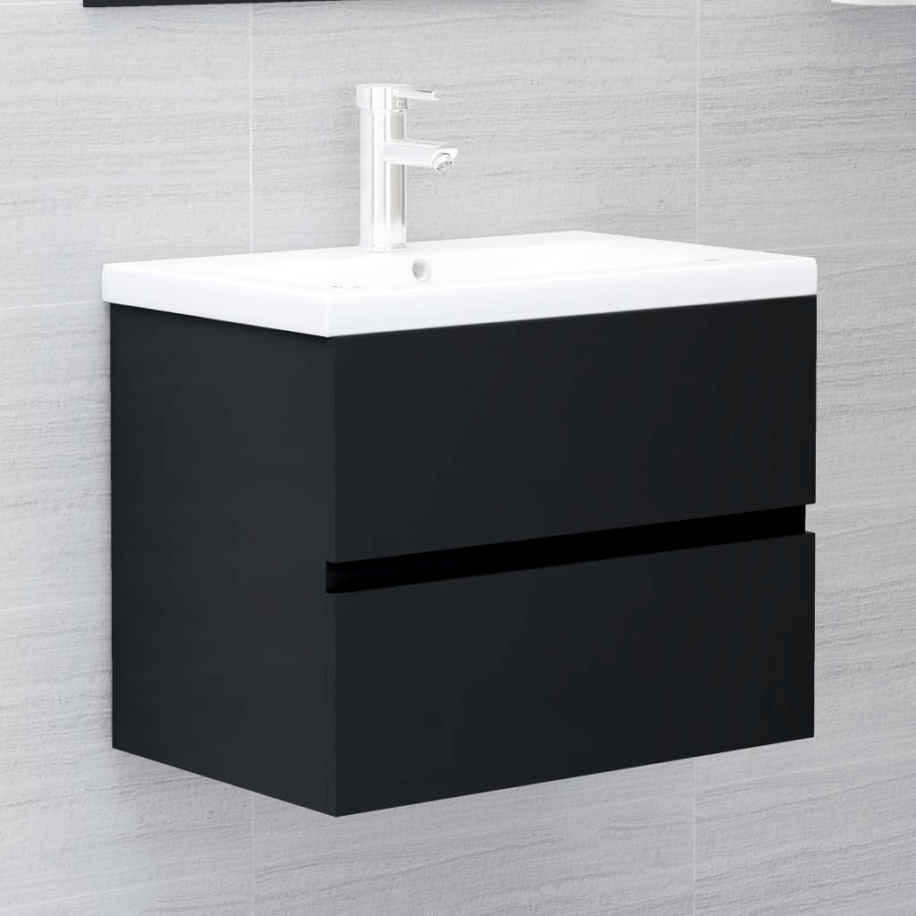 Modern Black Bathroom Set with Sink Cabinet and Mirror, Elevate your bathroom decor with our modern black engineered wood set, featuring a sink cabinet, built-in basin, and stylish mirror. Durable and chic!