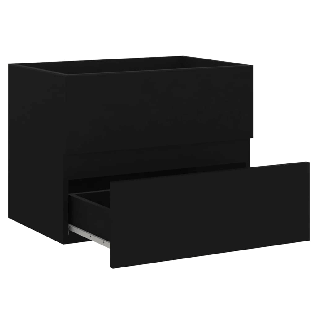 Modern Black Bathroom Set with Sink Cabinet and Mirror, Elevate your bathroom decor with our modern black engineered wood set, featuring a sink cabinet, built-in basin, and stylish mirror. Durable and chic!