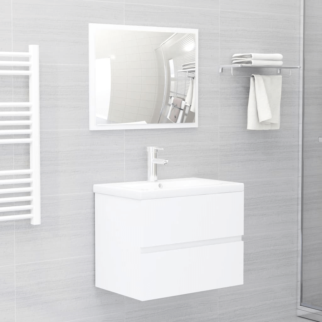 Modern White Bathroom Furniture Set | Engineered Wood, Elevate your bathroom with our sleek white furniture set, featuring a modern sink cabinet, built-in ceramic basin, and elegant mirror for ample storage.