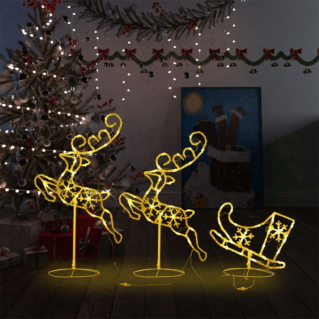 Festive LED Flying Reindeer & Sleigh Decoration, Illuminate your holiday with our Acrylic Christmas Flying Reindeer & Sleigh! Durable, elegant, and perfect for spreading festive cheer.