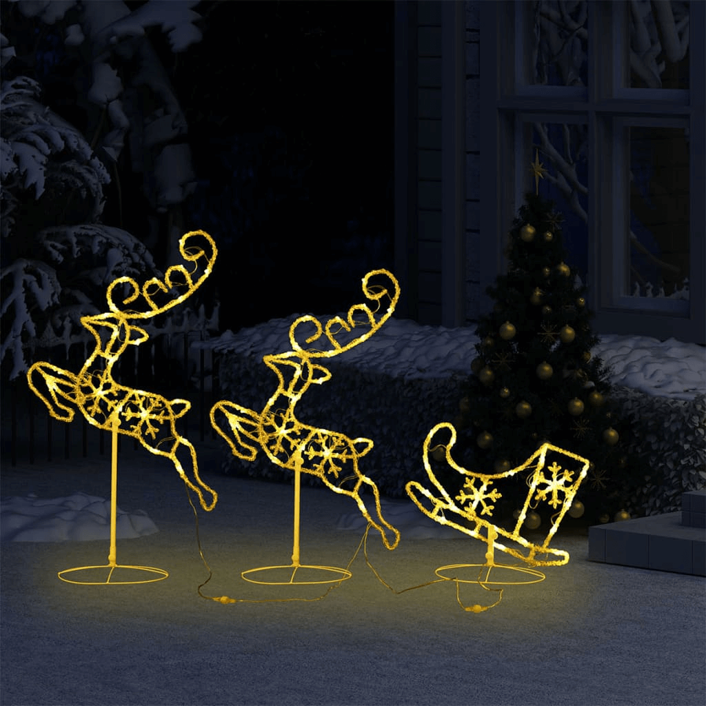 Festive LED Flying Reindeer & Sleigh Decoration, Illuminate your holiday with our Acrylic Christmas Flying Reindeer & Sleigh! Durable, elegant, and perfect for spreading festive cheer.