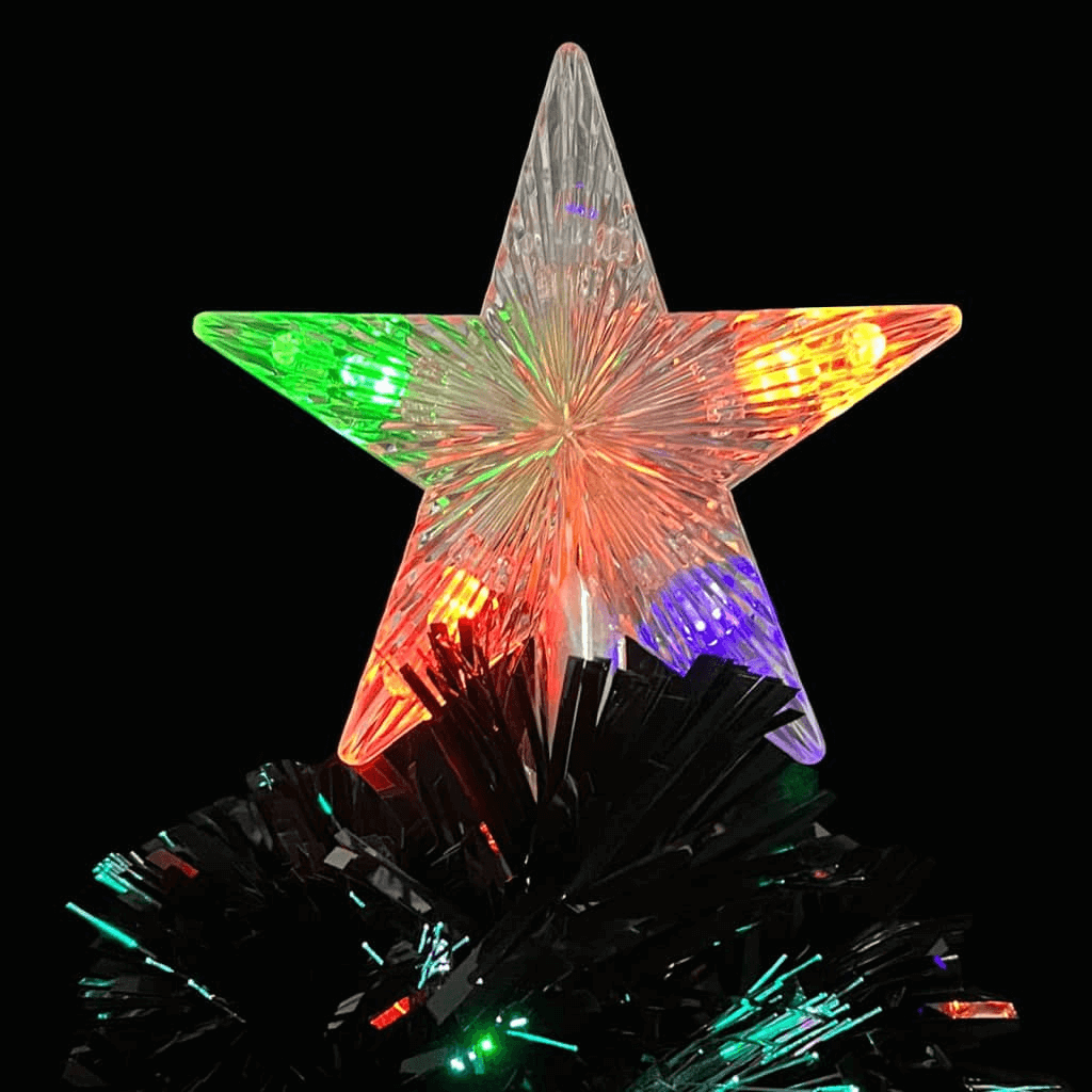 Black Christmas Tree with LED & Fibre Optics, Elevate your holiday decor with our lifelike 64 cm black Christmas tree, featuring LED snowflakes and fibre optic lights for magical illumination.