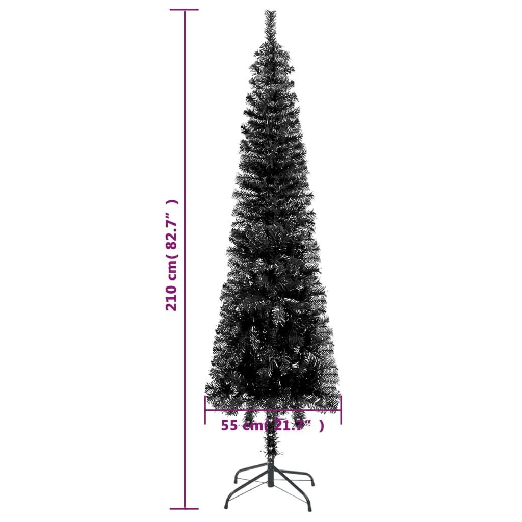 Slim Black Christmas Tree 210 cm - Elegant Decor, Elevate your holiday decor with this chic, realistic black Christmas tree. Perfect as a unique festive centerpiece.