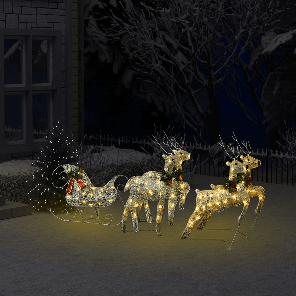 Gold Reindeer & Sleigh Christmas Decoration - 100 LEDs, Enchant your home with a Gold Reindeer & Sleigh Christmas Decoration. For indoor & outdoor use, featuring 100 warm white LEDs. Weather-resistant & festive!