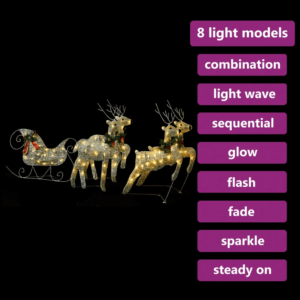 Gold Reindeer & Sleigh Christmas Decoration - 100 LEDs, Enchant your home with a Gold Reindeer & Sleigh Christmas Decoration. For indoor & outdoor use, featuring 100 warm white LEDs. Weather-resistant & festive!