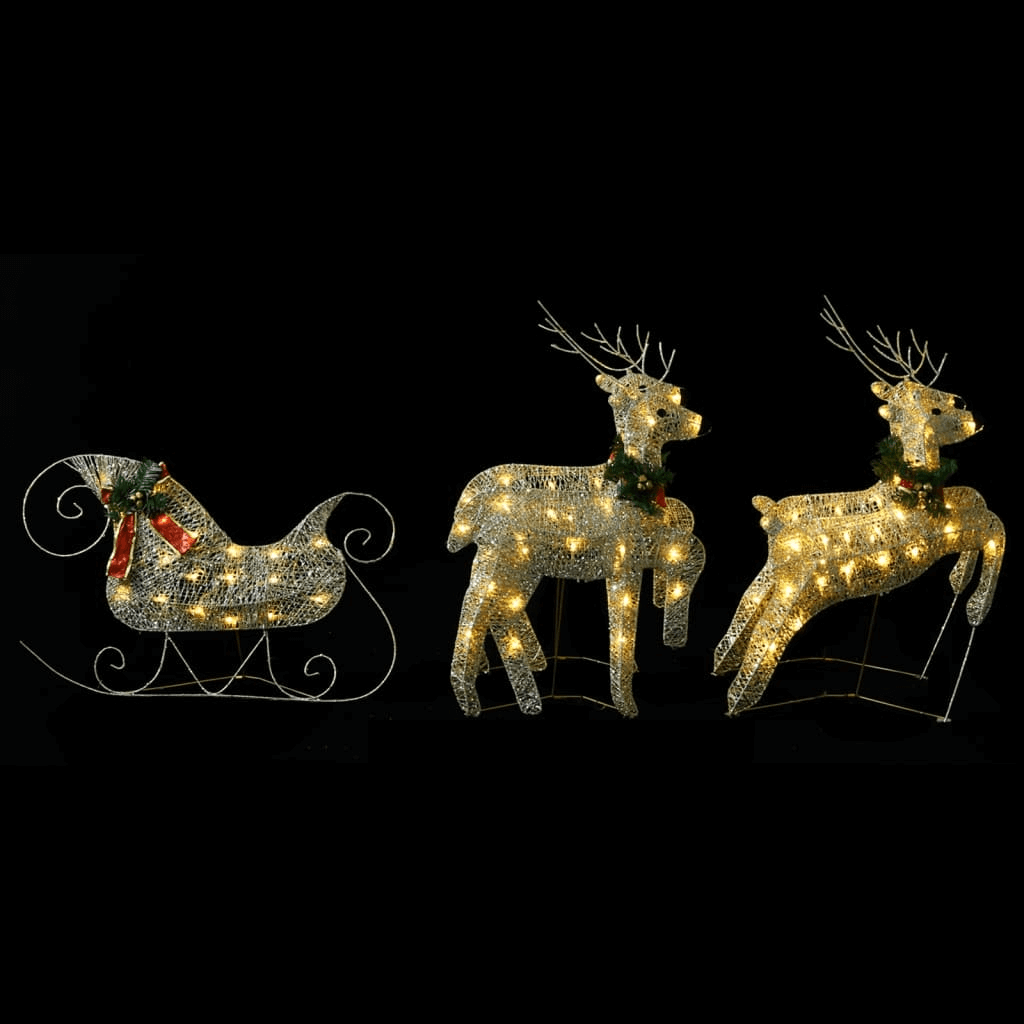 Gold Reindeer & Sleigh Christmas Decoration - 100 LEDs, Enchant your home with a Gold Reindeer & Sleigh Christmas Decoration. For indoor & outdoor use, featuring 100 warm white LEDs. Weather-resistant & festive!