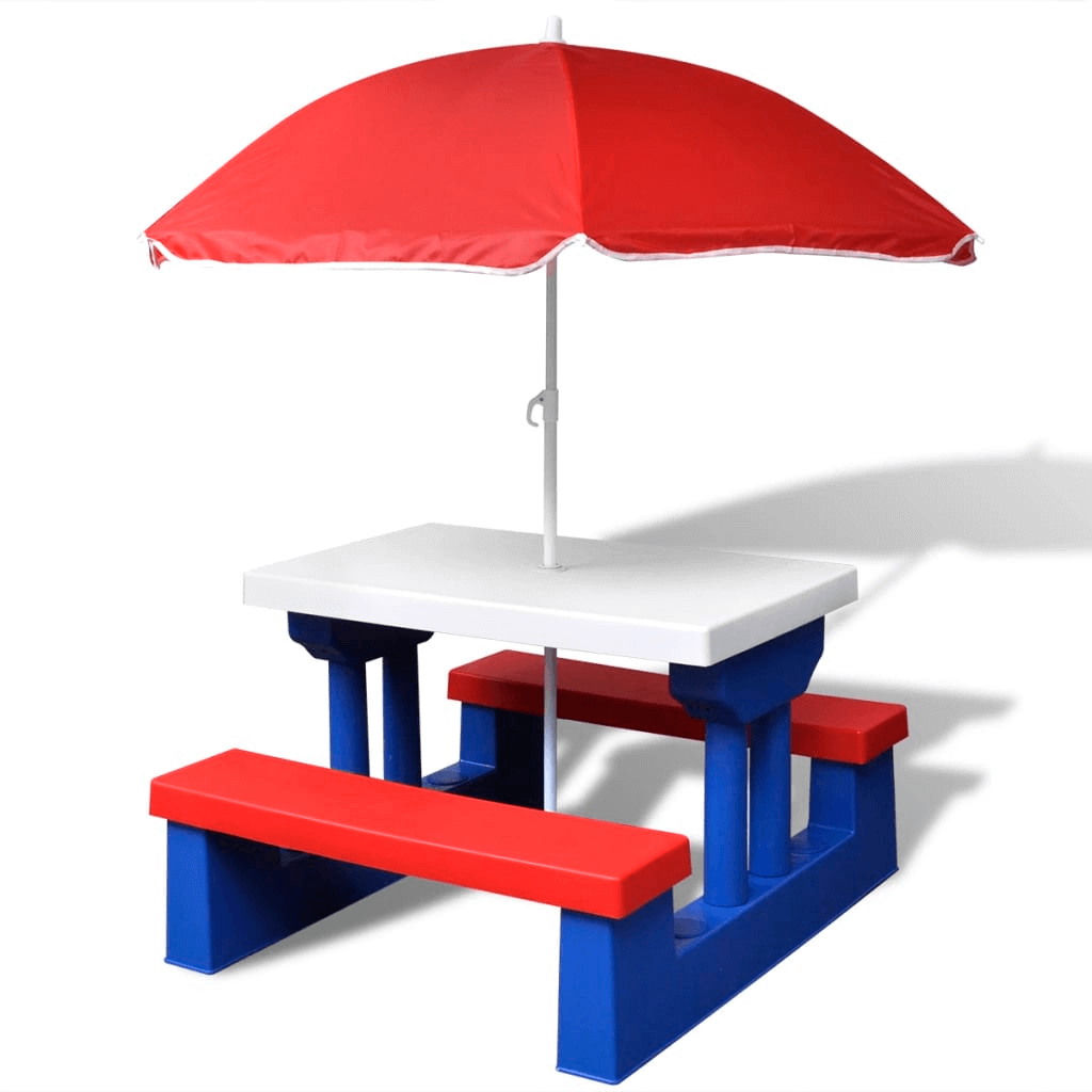 Kids' Picnic Table with Parasol - Outdoor Fun, Transform your garden with our colorful kids' picnic table set, perfect for outdoor picnics and play. Complete with benches and parasol.