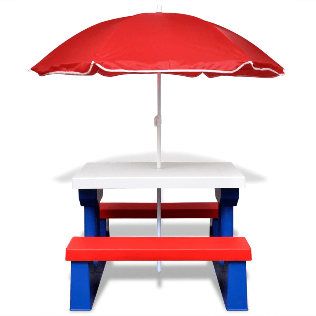 Kids' Picnic Table with Parasol - Outdoor Fun, Transform your garden with our colorful kids' picnic table set, perfect for outdoor picnics and play. Complete with benches and parasol.