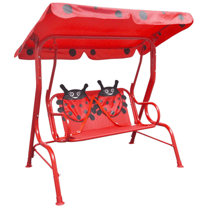 Vibrant Red Kids Swing Seat with Sunshade, Discover a fun Kids Swing Seat with a sunshade canopy, vibrant red color, and durable steel frame for safe and easy assembly. Perfect for outdoor fun!