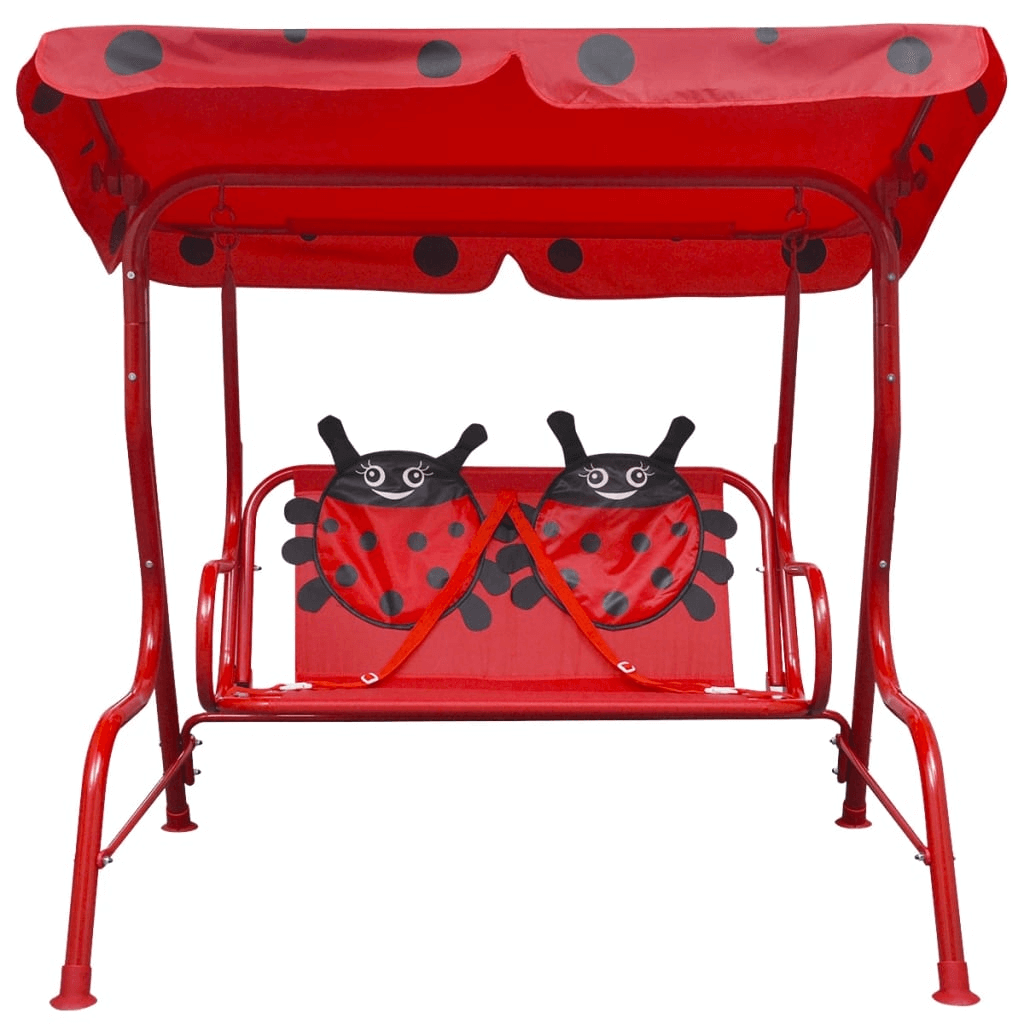 Vibrant Red Kids Swing Seat with Sunshade, Discover a fun Kids Swing Seat with a sunshade canopy, vibrant red color, and durable steel frame for safe and easy assembly. Perfect for outdoor fun!