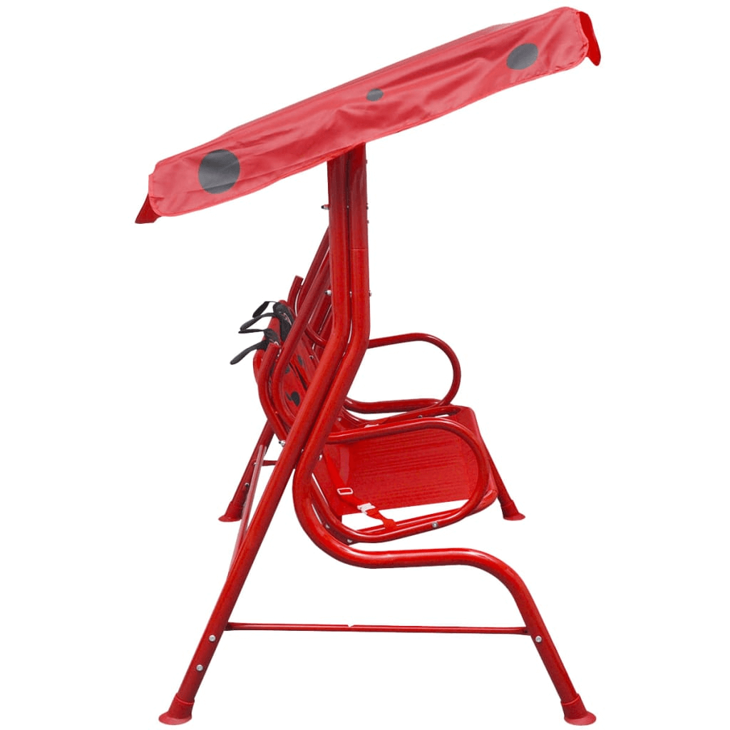 Vibrant Red Kids Swing Seat with Sunshade, Discover a fun Kids Swing Seat with a sunshade canopy, vibrant red color, and durable steel frame for safe and easy assembly. Perfect for outdoor fun!