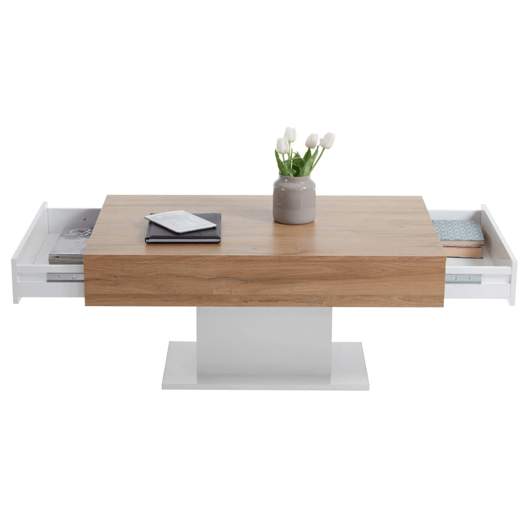 Stylish FMD Coffee Table - Antique Oak & Glossy White, Enhance your living room with this elegant FMD Coffee Table featuring extendable drawers and a contemporary design for stylish convenience.