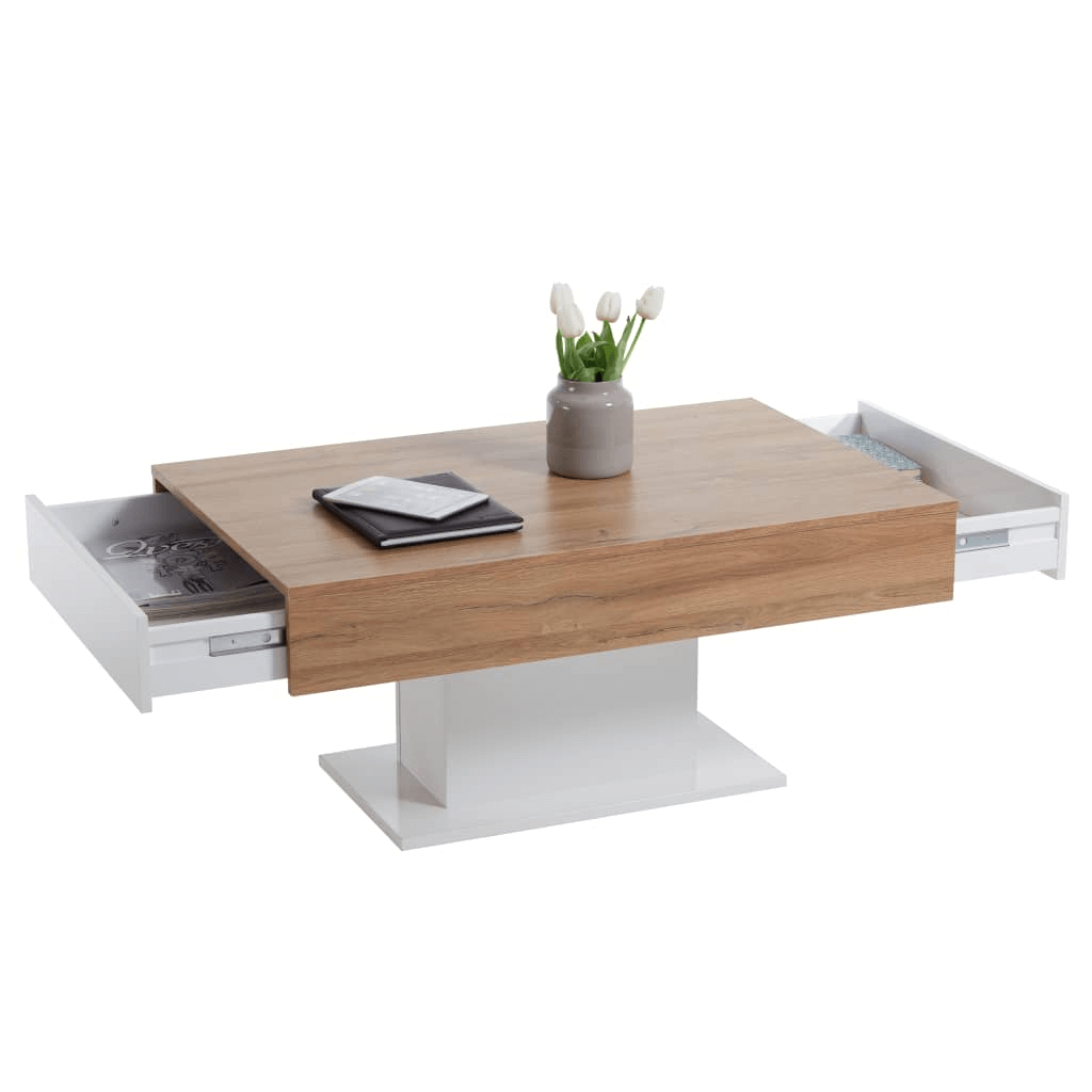 Stylish FMD Coffee Table - Antique Oak & Glossy White, Enhance your living room with this elegant FMD Coffee Table featuring extendable drawers and a contemporary design for stylish convenience.