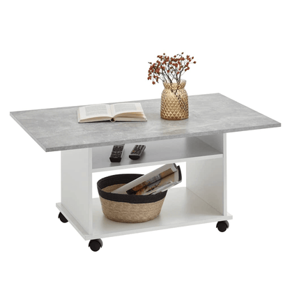 Modern FMD Coffee Table with Castors - Concrete Grey & White, Elevate your living room with the stylish FMD Coffee Table featuring castors, perfect for modern decor and practical storage solutions.