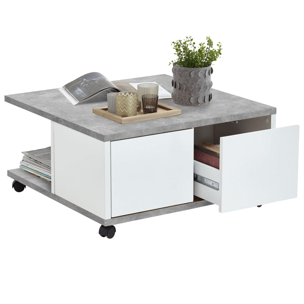 FMD Modern Mobile Coffee Table - Stylish & Functional, Elevate your living space with the FMD Mobile Coffee Table, featuring a sleek design, concrete grey and glossy white finish, and ample storage.