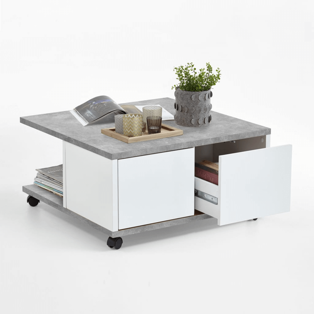 FMD Modern Mobile Coffee Table - Stylish & Functional, Elevate your living space with the FMD Mobile Coffee Table, featuring a sleek design, concrete grey and glossy white finish, and ample storage.