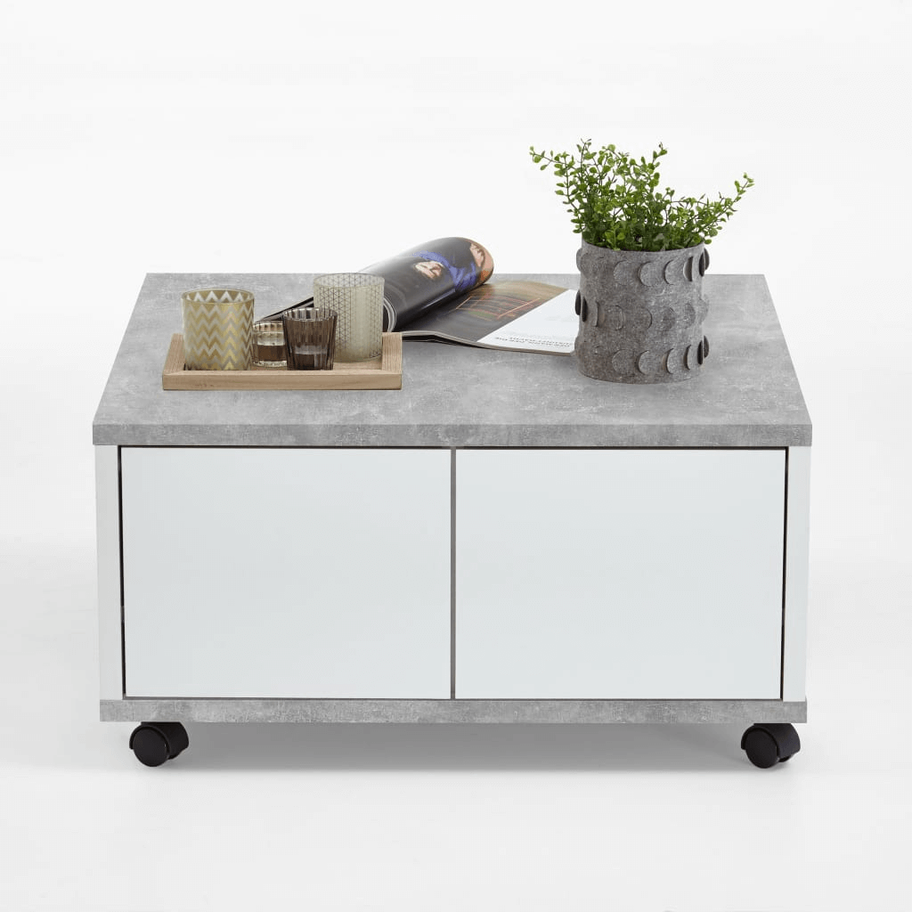 FMD Modern Mobile Coffee Table - Stylish & Functional, Elevate your living space with the FMD Mobile Coffee Table, featuring a sleek design, concrete grey and glossy white finish, and ample storage.