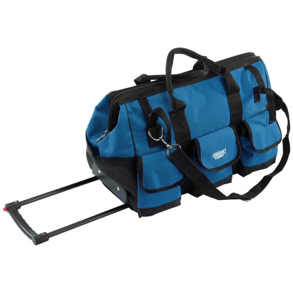 Draper Tools Rolling Tool Bag 60x30x35 cm - 58 L, Organize your tools effortlessly with the Draper Tool Bag. Features multiple storage options, an adjustable shoulder strap, and wheels for easy transport.