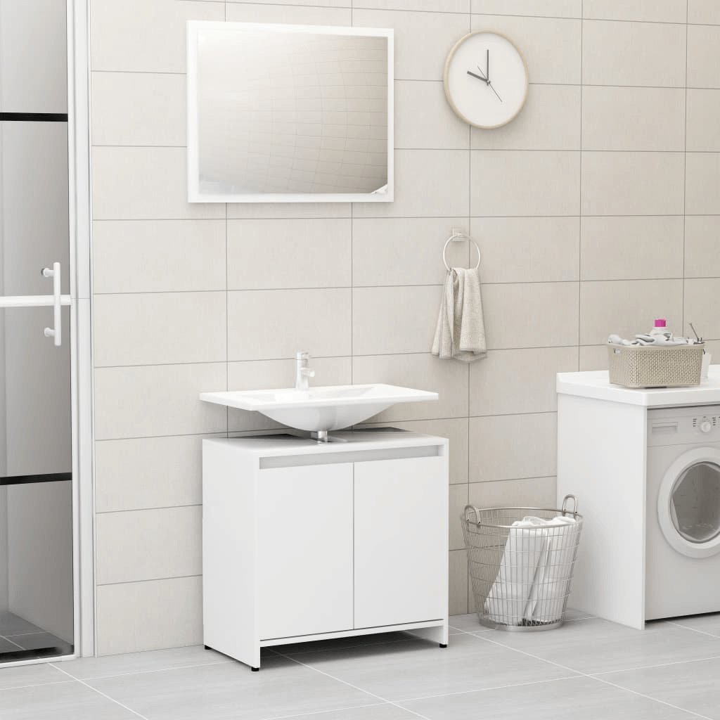 Elegant vidaXL Bathroom Set - White Engineered Wood, Upgrade your bathroom with this stylish vidaXL Bathroom Furniture Set. White engineered wood with mirror and cabinet for ample storage and modern aesthetics.