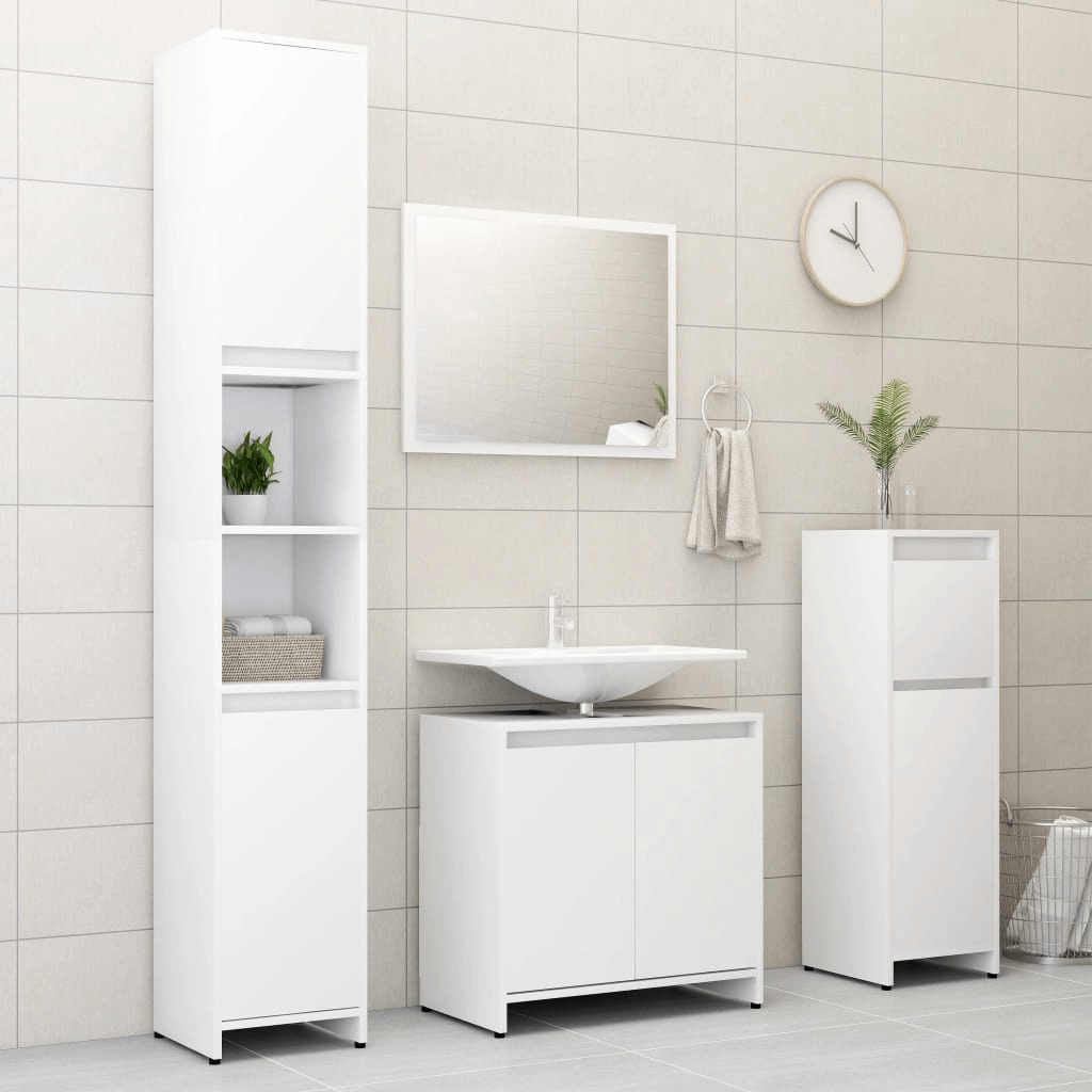 Elegant vidaXL Bathroom Set - White Engineered Wood, Upgrade your bathroom with this stylish vidaXL Bathroom Furniture Set. White engineered wood with mirror and cabinet for ample storage and modern aesthetics.