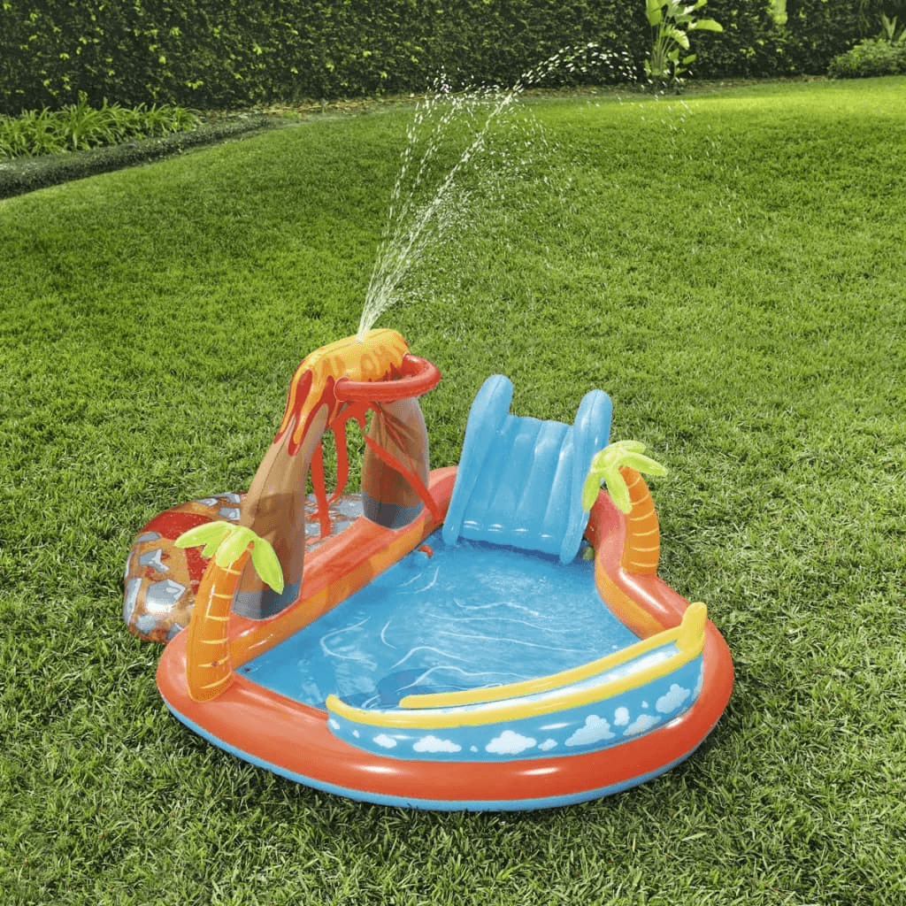 Lava Lagoon Play Centre - Backyard Water Fun, Transform your backyard with the Lava Lagoon Play Centre. Easy setup, 208L capacity, vibrant features like palm trees and ball ramp for endless summer fun!